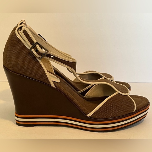 Cole Haan G Series Brown Canvas Stripes Peep Toe Wedge Heel Sandal - Picture 4 of 17